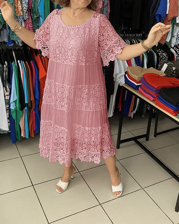 💕Plain dress with short sleeves and lace