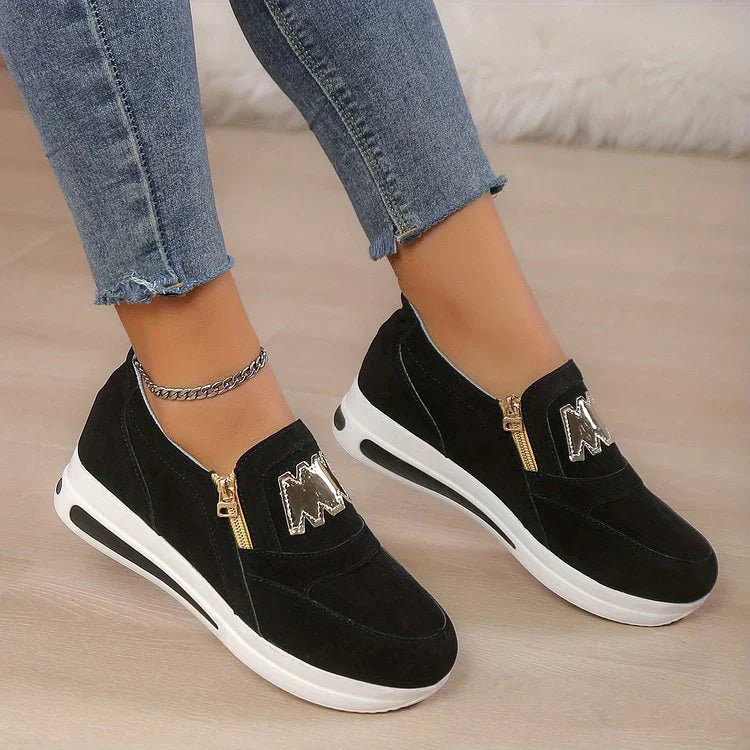 Schwarz-Goldene Reißverschluss-Dekoration Plateau-Slipper