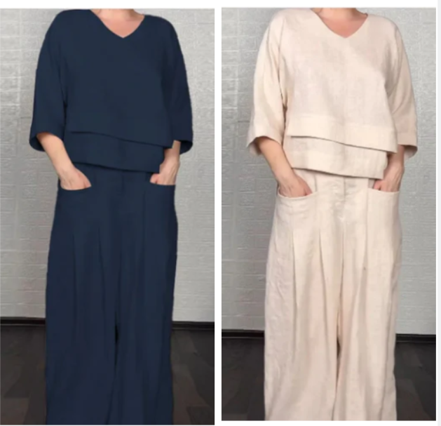💎 2-teiliges Set aus Baumwoll-Leinen mit unregelmäßigem Saum – V-Ausschnitt-Oberteil + Weitbein-Hose, atmungsaktiv & mühelos stilvoll 🍂👚