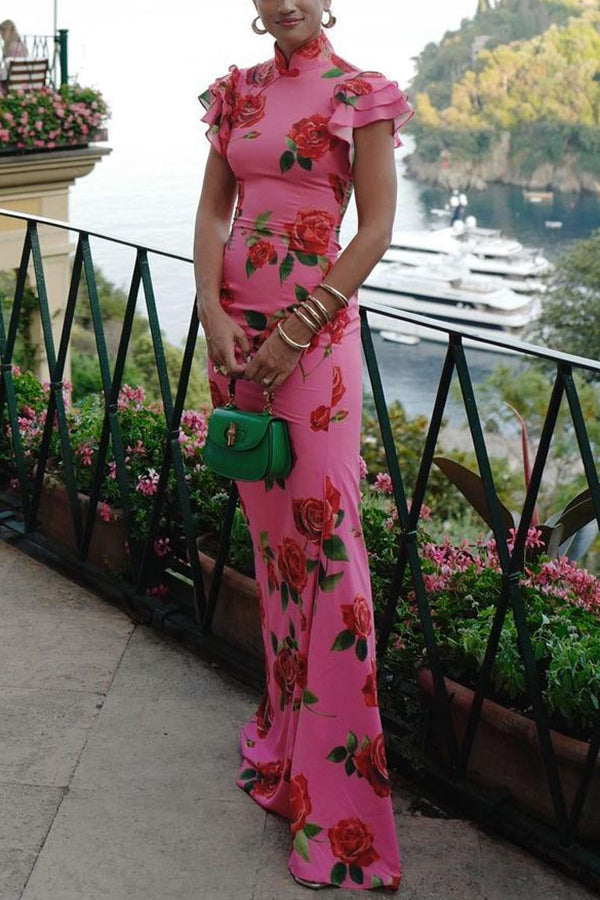 🎉Heiße Aktion: 51 % RABATT!🥳 Cheongsam-Stil Maxikleid mit Rosenblüten-Print, gestuften Volantärmeln und Stretch-Stoff.