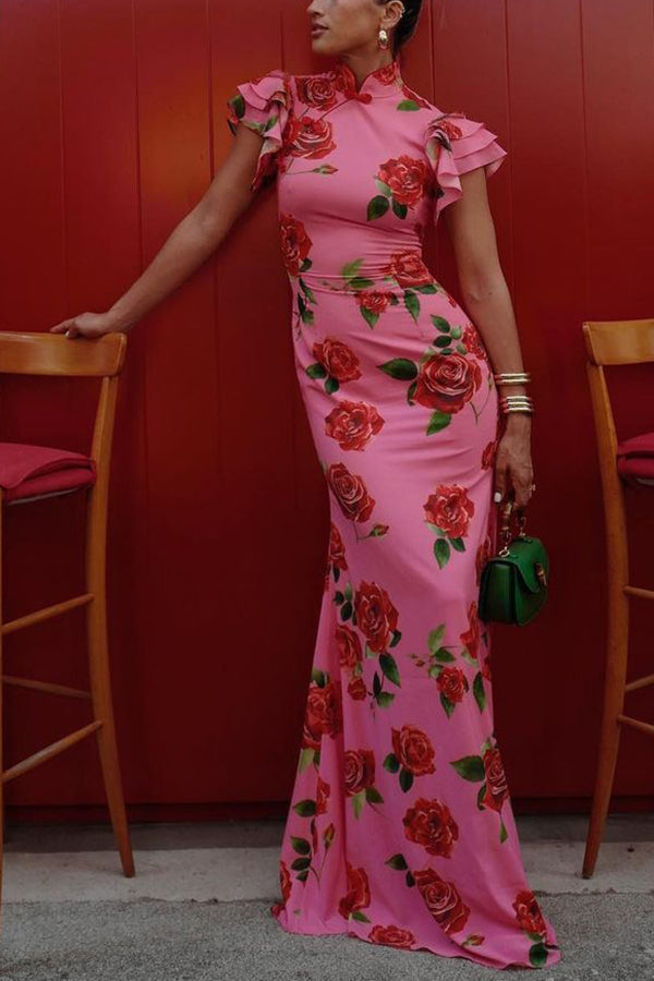 🎉Heiße Aktion: 51 % RABATT!🥳 Cheongsam-Stil Maxikleid mit Rosenblüten-Print, gestuften Volantärmeln und Stretch-Stoff.
