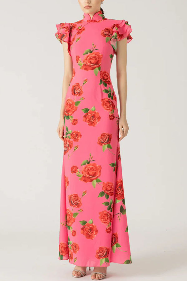 🎉Heiße Aktion: 51 % RABATT!🥳 Cheongsam-Stil Maxikleid mit Rosenblüten-Print, gestuften Volantärmeln und Stretch-Stoff.