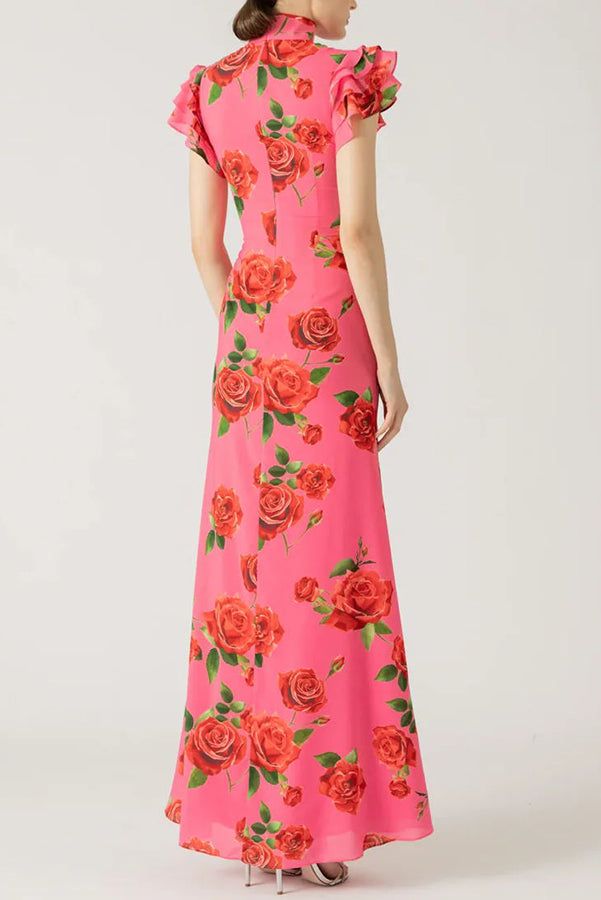 🎉Heiße Aktion: 51 % RABATT!🥳 Cheongsam-Stil Maxikleid mit Rosenblüten-Print, gestuften Volantärmeln und Stretch-Stoff.