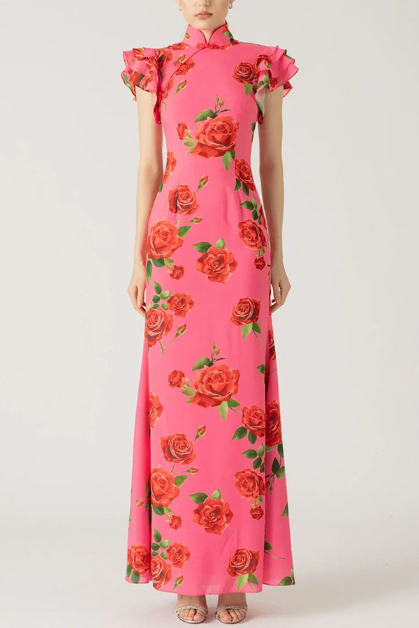 🎉Heiße Aktion: 51 % RABATT!🥳 Cheongsam-Stil Maxikleid mit Rosenblüten-Print, gestuften Volantärmeln und Stretch-Stoff.