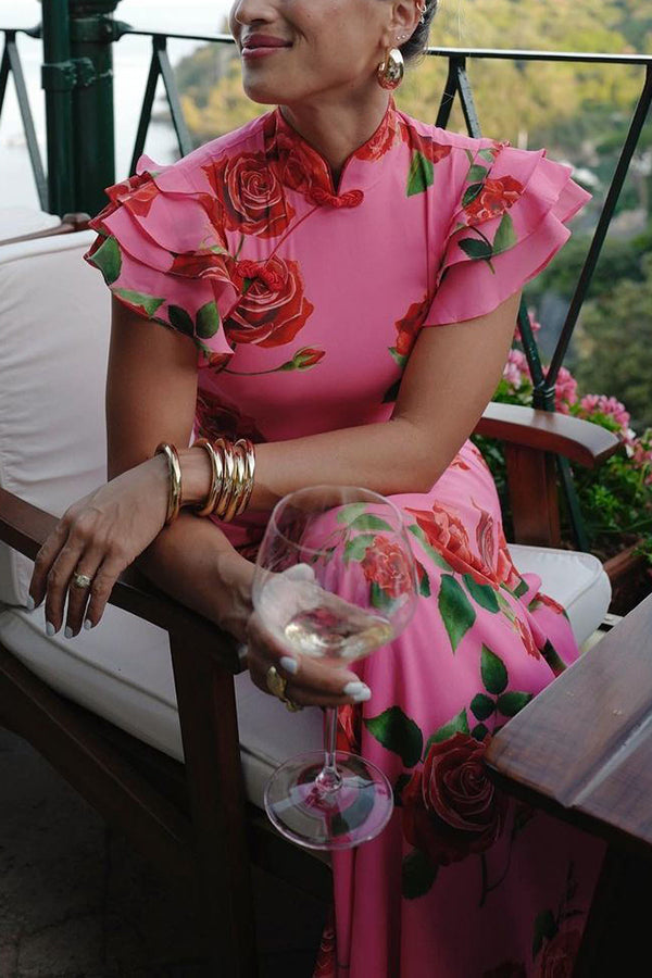 🎉Heiße Aktion: 51 % RABATT!🥳 Cheongsam-Stil Maxikleid mit Rosenblüten-Print, gestuften Volantärmeln und Stretch-Stoff.