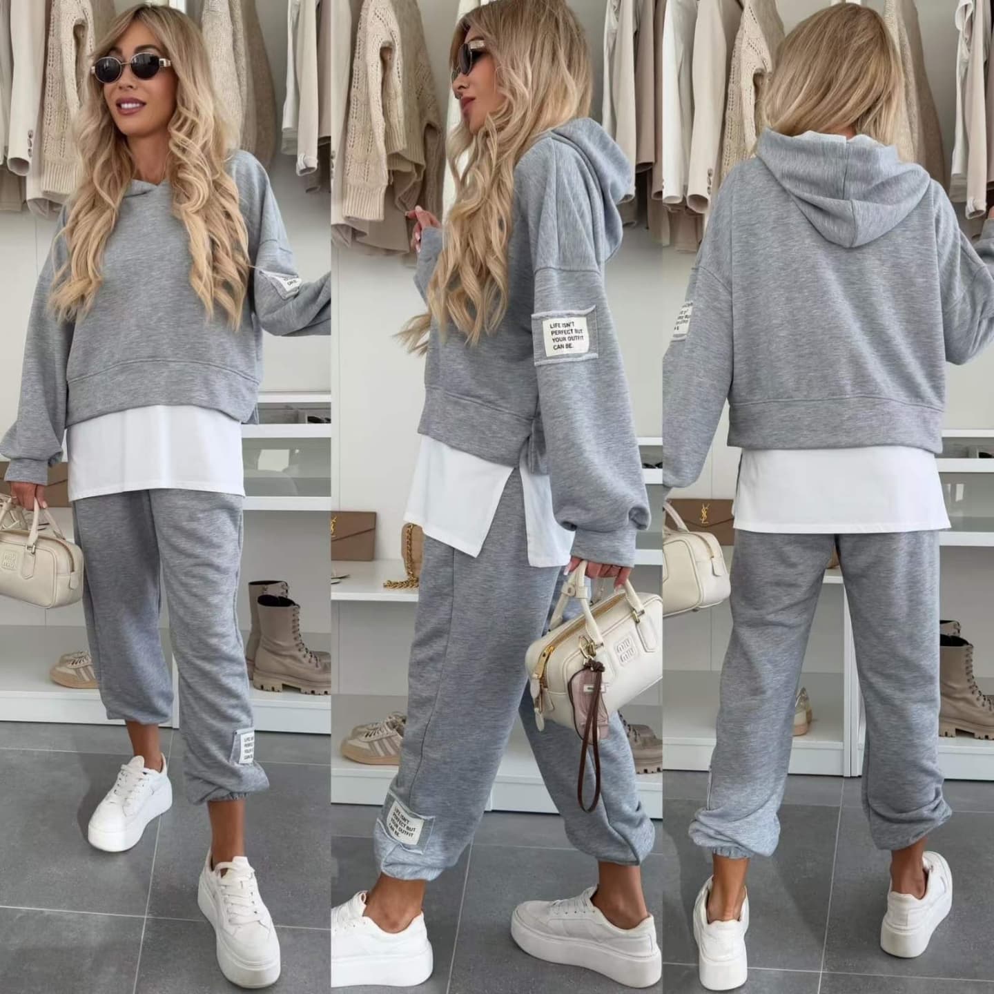 💜 Lässiger Sweatshirt-Anzug mit Kapuze und Patchwork für Damen