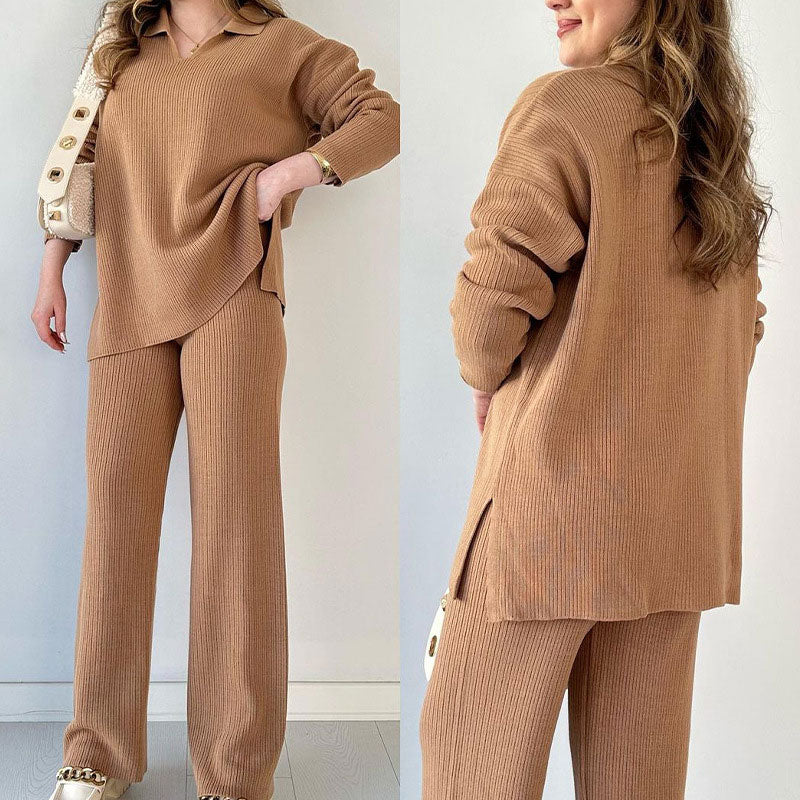 🎁 Completo casual in maglia con scollo a V e spacchi laterali