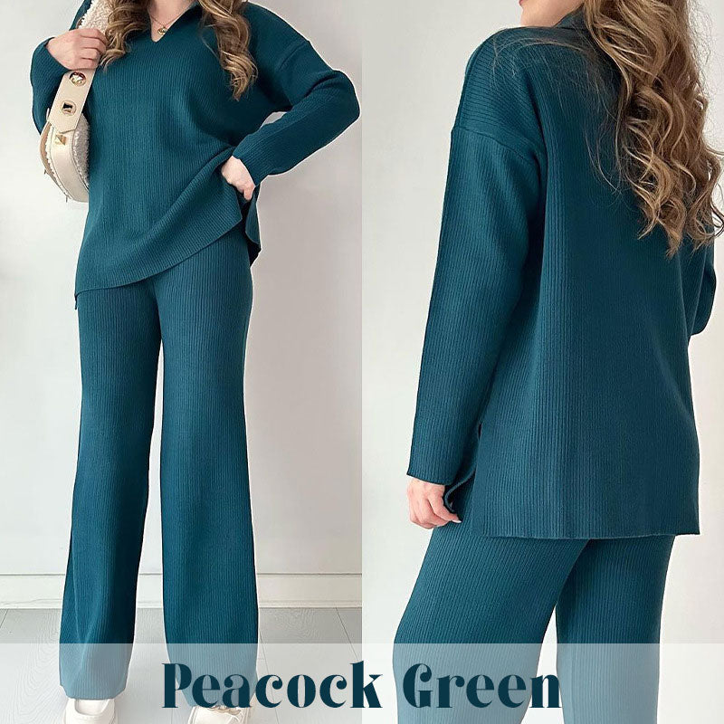 🎁 Completo casual in maglia con scollo a V e spacchi laterali