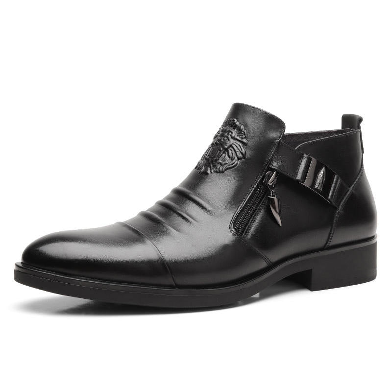👞Kostenloser Versand👞Herren-Lederstiefeletten mit doppeltem seitlichem Reißverschluss und spitzer Zehenpartie