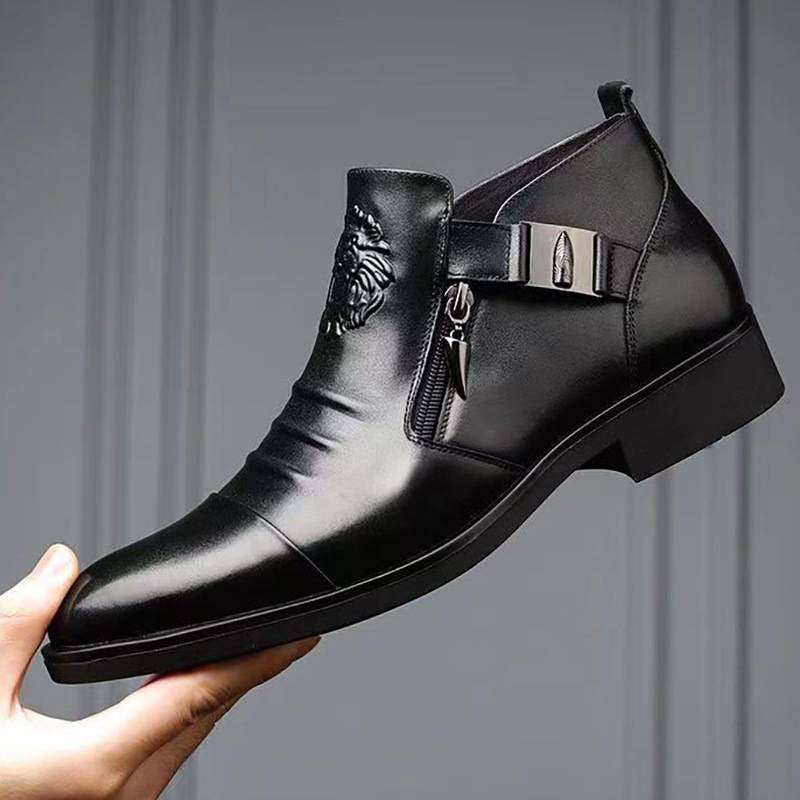 👞Kostenloser Versand👞Herren-Lederstiefeletten mit doppeltem seitlichem Reißverschluss und spitzer Zehenpartie