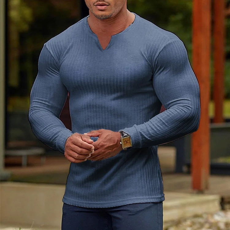 T-shirt sportiva a maniche lunghe alla moda con scollo a V per uomini