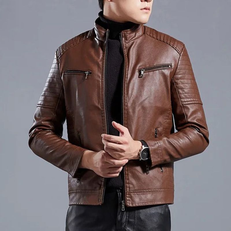 Biker-Lederjacke mit Stehkragen für Herren