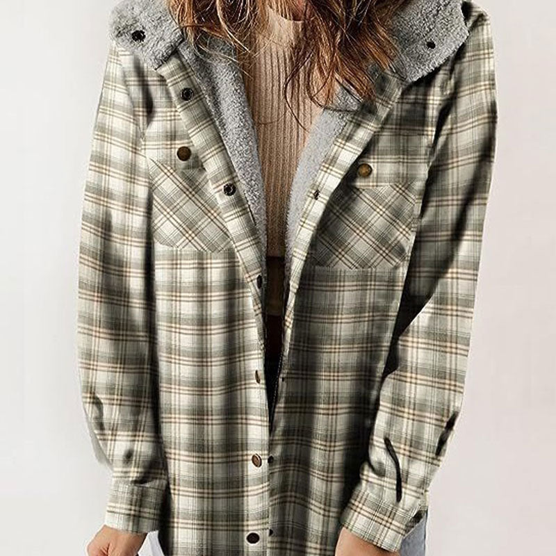 🔥Damen Herbst und Winter verdickter Flanell langärmelige karierte Kapuzenjacke