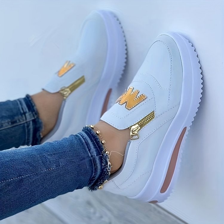 Schwarz-Goldene Reißverschluss-Dekoration Plateau-Slipper