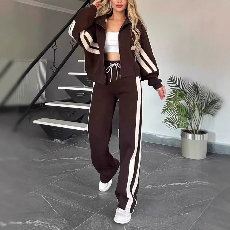 🎁Zweiteiler für Damen:✨ 2-teilige gestreifte Jacke mit Reißverschluss und lässige Hose🌸