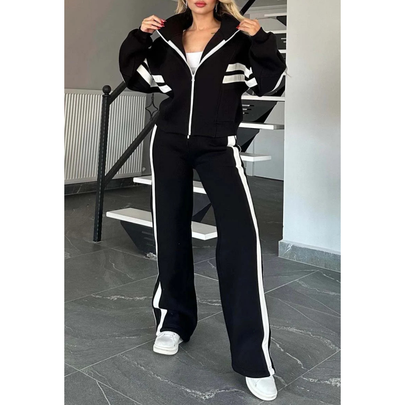 🎁Zweiteiler für Damen:✨ 2-teilige gestreifte Jacke mit Reißverschluss und lässige Hose🌸