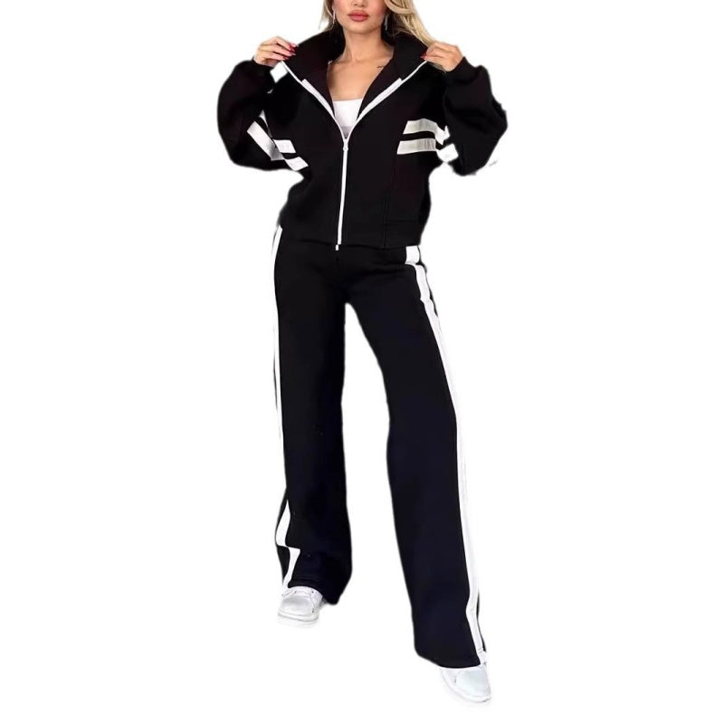 🎁Zweiteiler für Damen:✨ 2-teilige gestreifte Jacke mit Reißverschluss und lässige Hose🌸