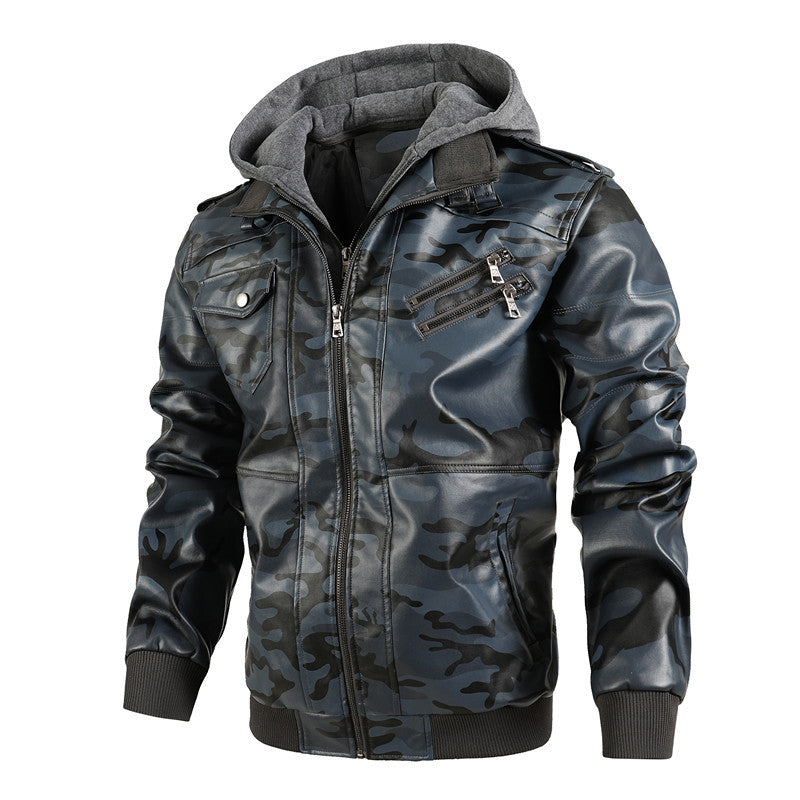 Herrenjacke aus PU-Leder mit Reißverschluss und Kapuze