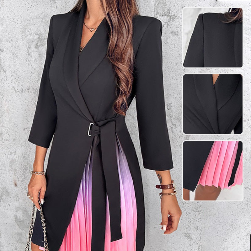 đOmbre Reverskragen Tailliertes Plissee Blazer Kleid