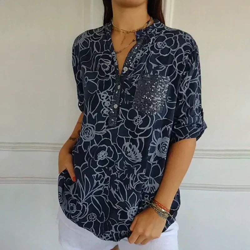 🔥Damen Blume V-Ausschnitt Bluse