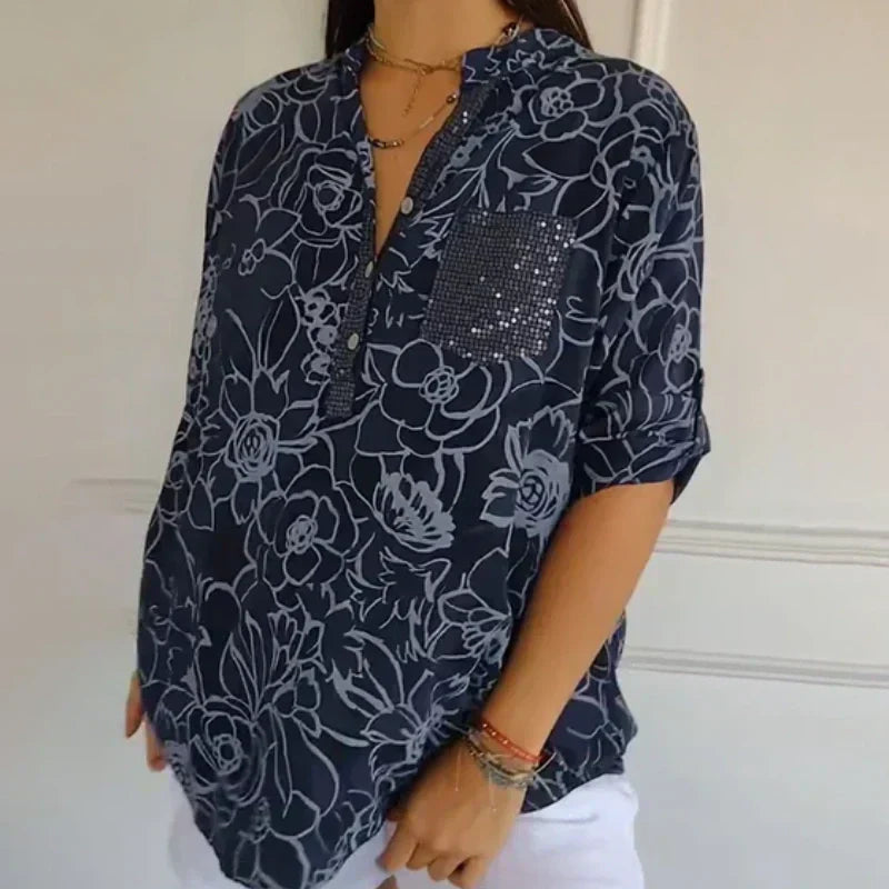 🔥Damen Blume V-Ausschnitt Bluse
