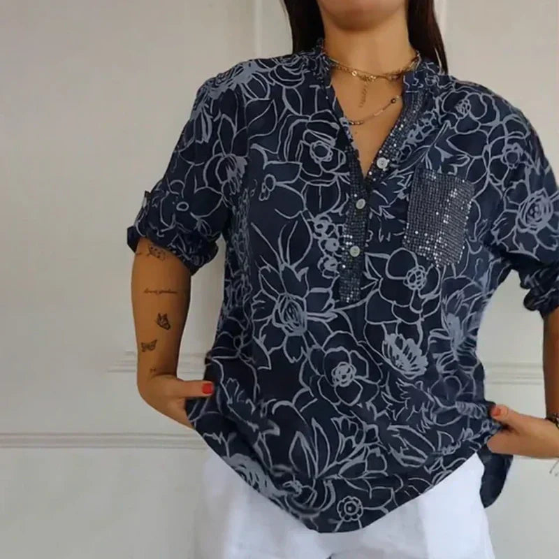 🔥Damen Blume V-Ausschnitt Bluse