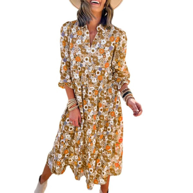 Damen Langarm V-Ausschnitt Bohemian Midi Kleid