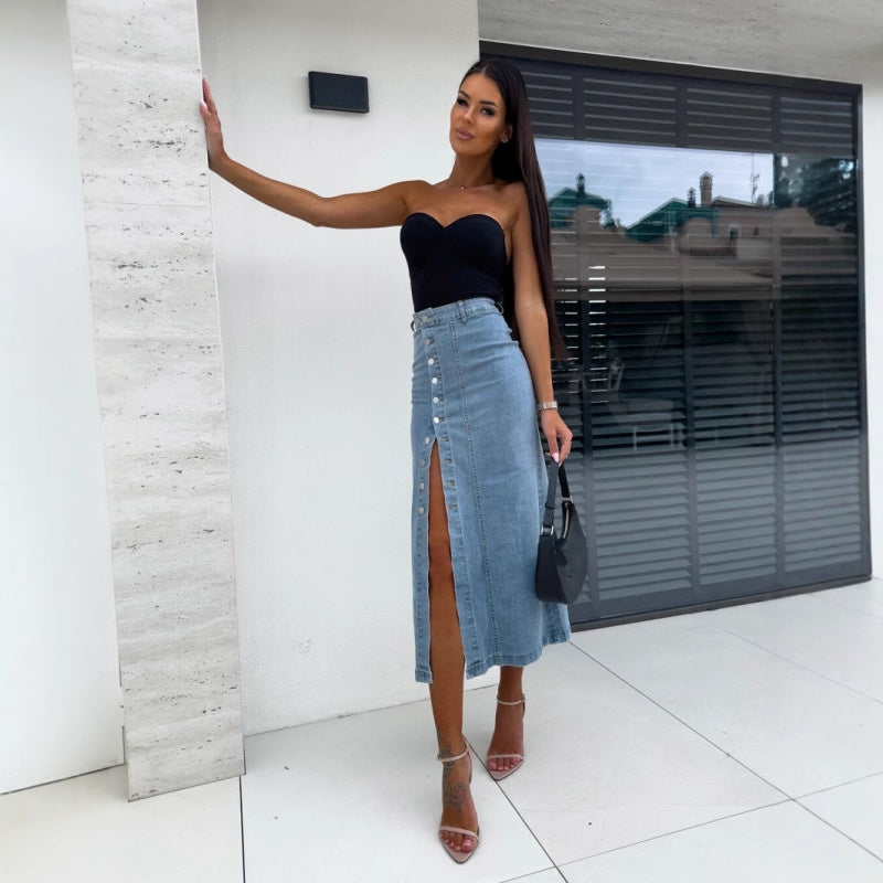 Stylish Button Closure Split Denim Bodycon Skirt
