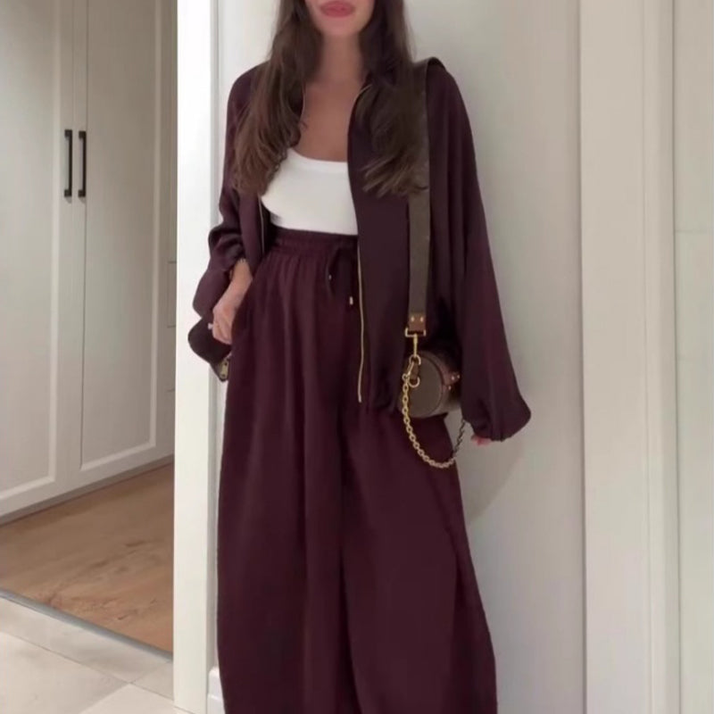 Damen lockeres Set: Jacke mit Reißverschluss & Weitbeinhose🔥KOSTENLOSER VERSAND