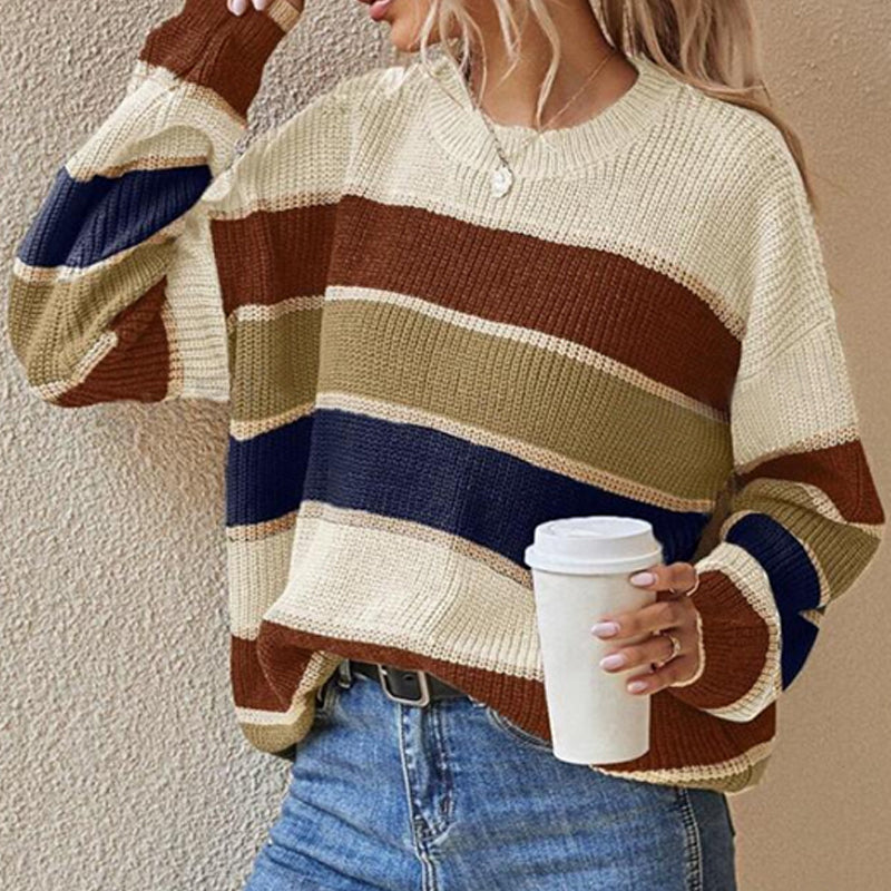 Locker gestreifter Pullover für Damen mit langen Ärmeln