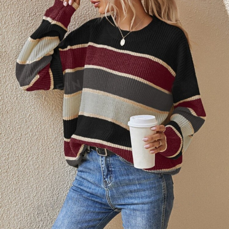 Locker gestreifter Pullover für Damen mit langen Ärmeln