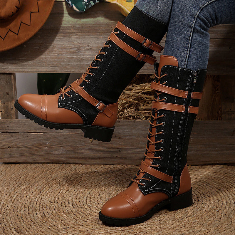 Vintage-Kampfstiefel für Damen mit Schnürsenkeln und Schnalle