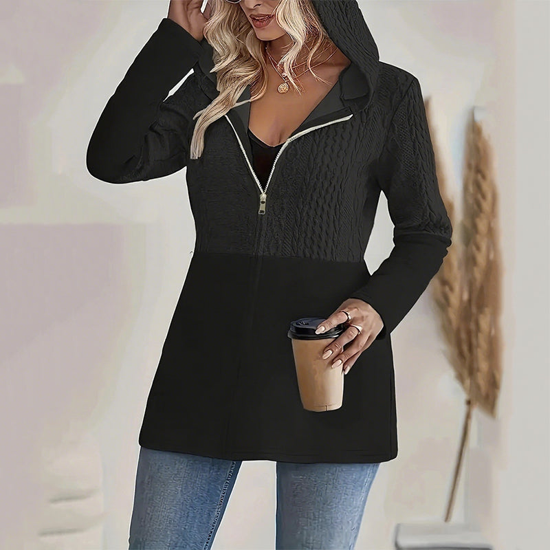 Trendy Damenjacke mit Kapuze und langen Ärmeln und Reißverschluss