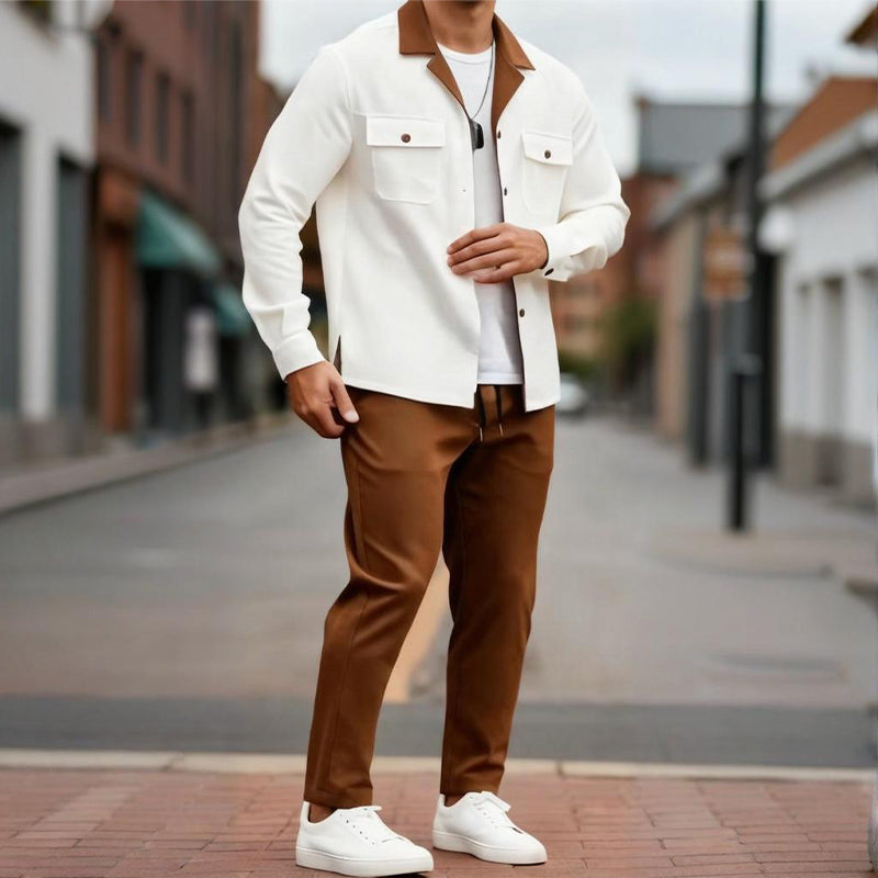 Herren Freizeit--Zweiteiler: Langarmhemd mit Revers & Hose