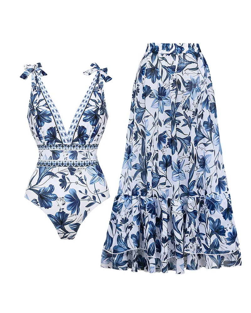 💥 Offerta speciale: sconto del 50% 💥 Costume intero con scollo a V, allacciatura e stampa e gonna