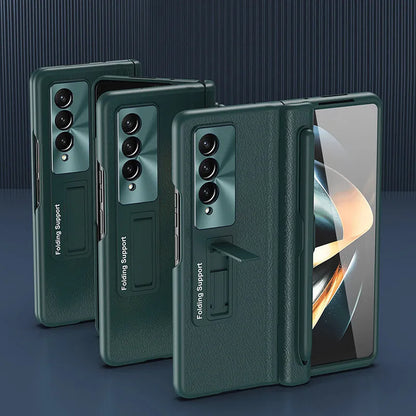 Rundumschutz-Lederhülle mit Ständer und Scharnierabdeckung für Samsung Galaxy Z Fold 6/5/4/3 - Gratis Stylus