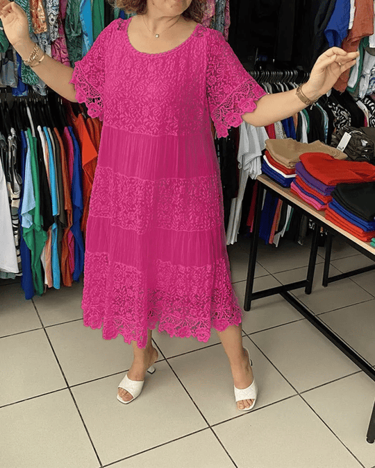 💕Einfarbiges Kleid mit kurzen Ärmeln und Spitze