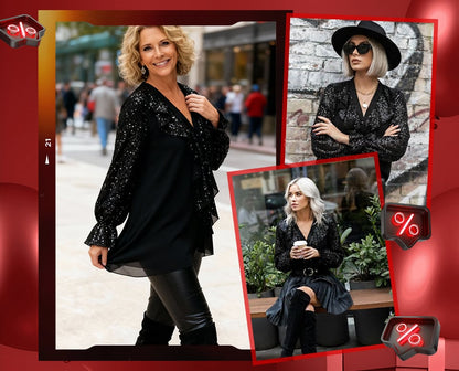 🎅 Festliche Vorratssale💥💃Langärmliges Chiffon-Shirt mit V-Ausschnitt und Pailletten für Damen🎁