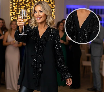 🎅 Festliche Vorratssale💥💃Langärmliges Chiffon-Shirt mit V-Ausschnitt und Pailletten für Damen🎁