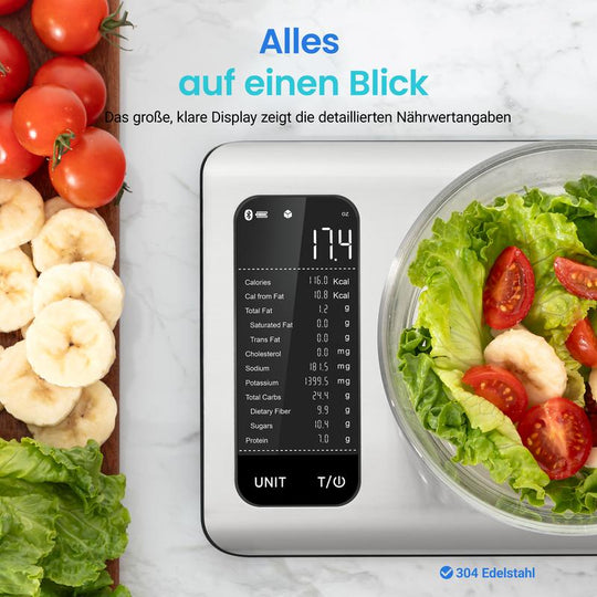 ⚖️📊 Küchenwaage digital – misst 19 Nährwerte &amp; Kalorien per App, 5kg Edelstahl 🥗✅ für gesunde Ernährung &amp; Gewichtsverlust