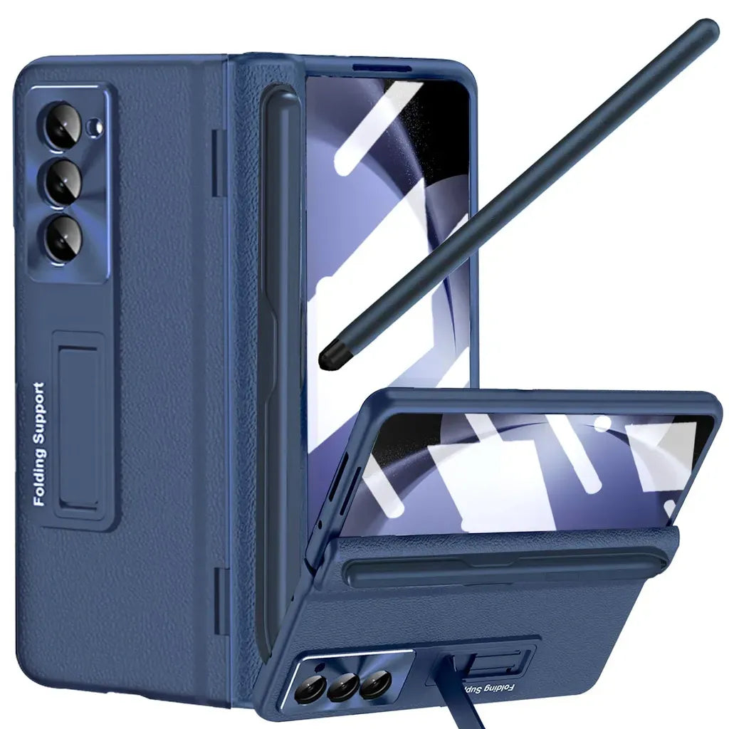 Rundumschutz-Lederhülle mit Ständer und Scharnierabdeckung für Samsung Galaxy Z Fold 6/5/4/3 - Gratis Stylus