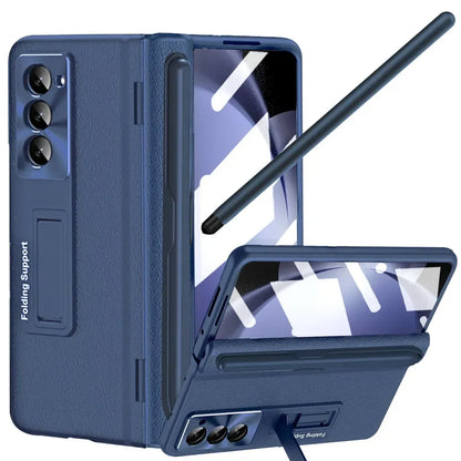 Rundumschutz-Lederhülle mit Ständer und Scharnierabdeckung für Samsung Galaxy Z Fold 6/5/4/3 - Gratis Stylus