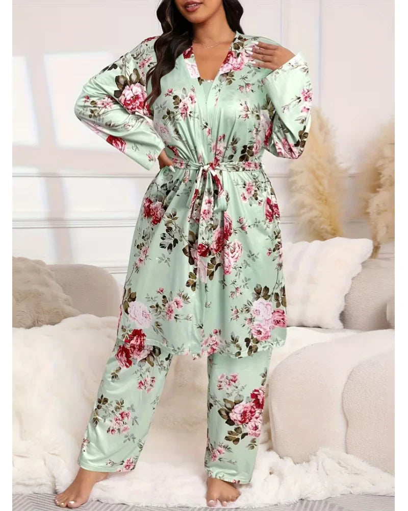 Gemütliches 3-teiliges Pyjama-Set – Bademantel, Hemd und lange Hose