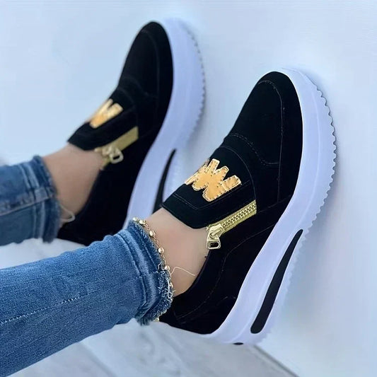 Schwarz-Goldene Reißverschluss-Dekoration Plateau-Slipper