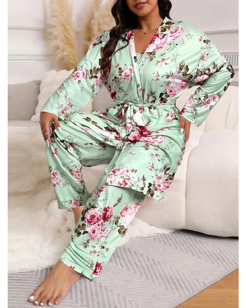 Gemütliches 3-teiliges Pyjama-Set – Bademantel, Hemd und lange Hose