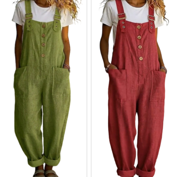 👖JETZT 50 % RABATT! 🌿 Lässige Damen-Latzhose mit Knopfleiste – Verstellbare Träger, atmungsaktives Material & bequeme Passform ✨