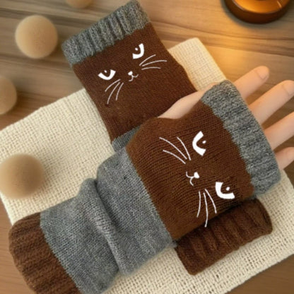 🔥Warm und kuschelig🧤Damen-Strickhandschuhe ohne Finger mit süßem Katzenmuster🐱