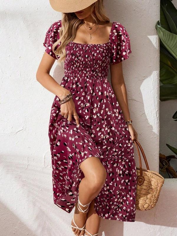 🌈2026 Summer Hot Sale 50% OFF!✨Square Neck Floral Midi Dress – Smocked Bodice, Flowy Tiered Skirt, Romantic 🌸