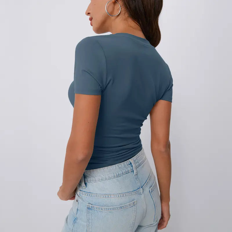 Women's trendy slim fit top with V-neck and short sleeves