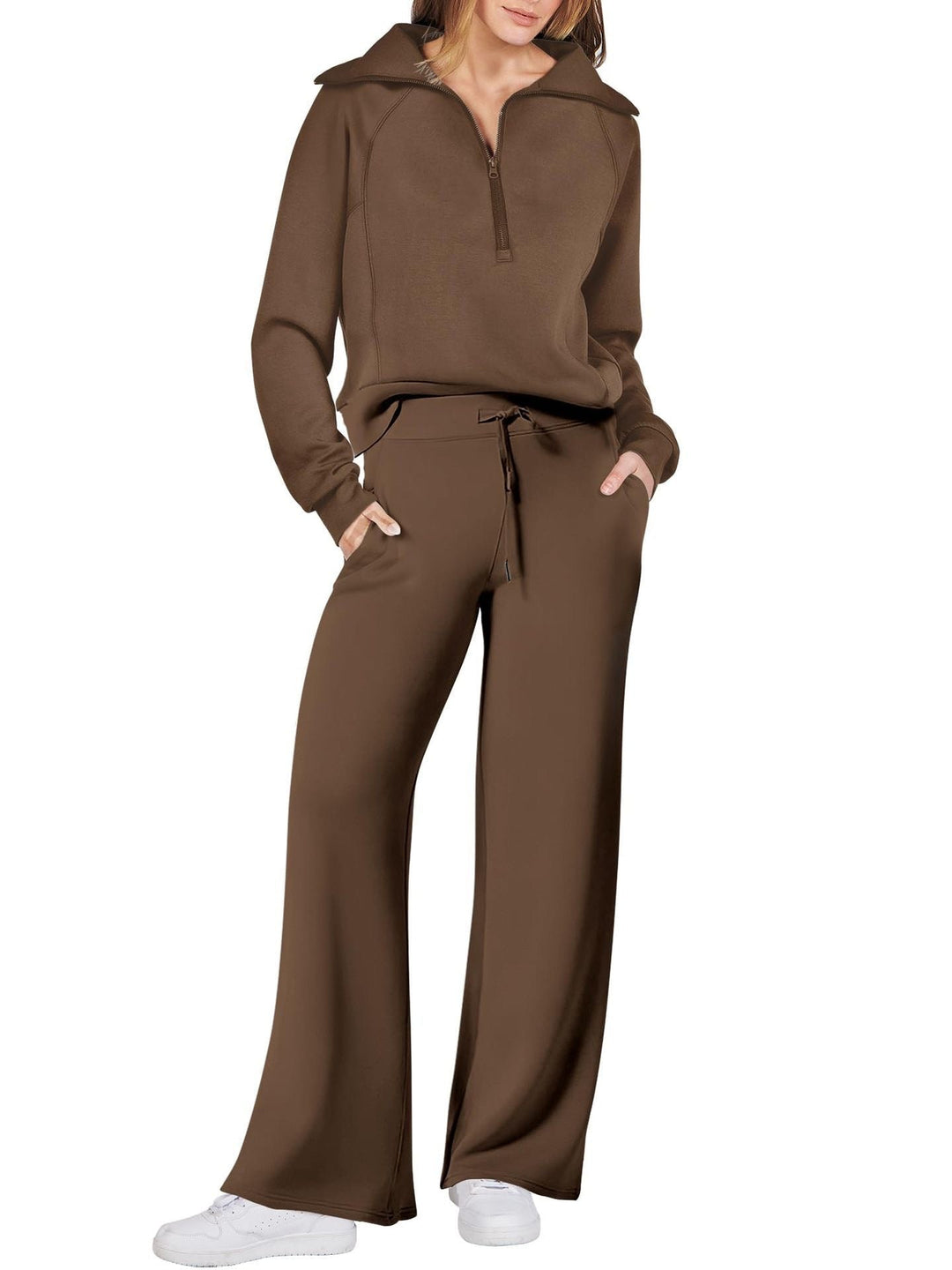 💝🔥Zeitlich begrenzter Sale – 50 % Rabatt🔥Damen-Loungeset aus 2 Teilen mit Oversize-Schnitt, halbem Reißverschluss und weitem Bein